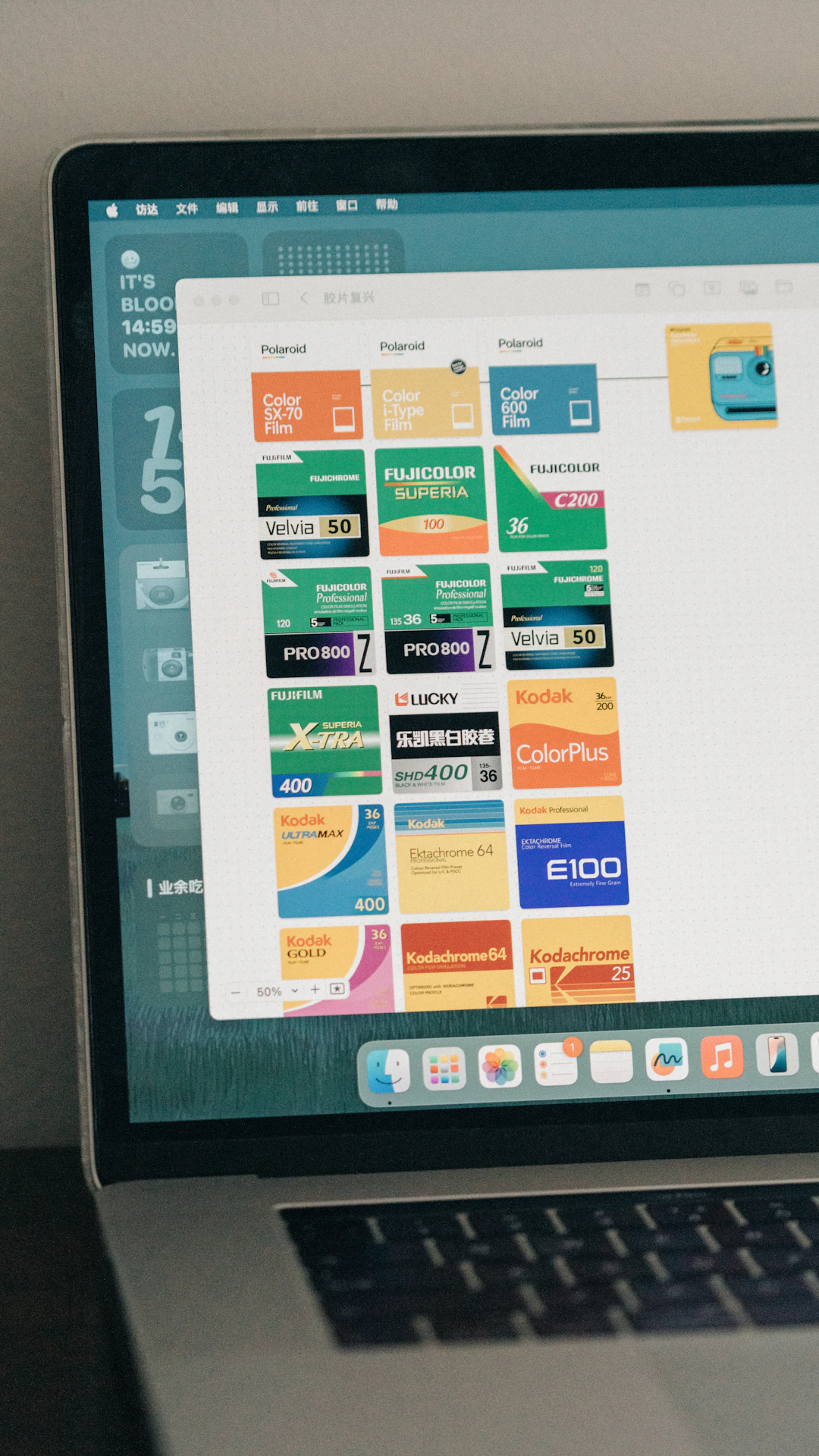 A laptop displays film types on screen.